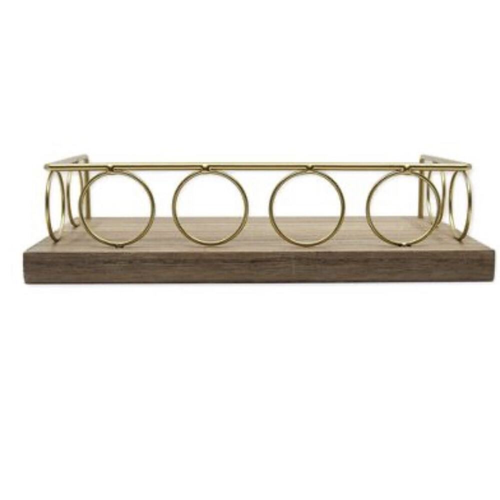 New‎ View Circle Gold Rim Floating Shelf Light Wash Gold Wooden Base Easy Mount